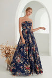 Estampado Floral Marinha Strapless Uma Linha Long Formal Dress