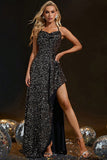 Sparkly Sequins Preto Esparguete Correias Vestido Formal com Fenda