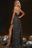 Sparkly Sequins Preto Esparguete Correias Vestido Formal com Fenda