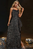 Sparkly Sequins Preto Esparguete Correias Vestido Formal com Fenda