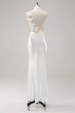 Cetim branco Cowl Neck Backless Prom Dress