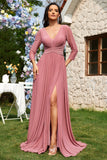 Dusty Rose A-Line V-neck mangas longas Chiffon longo vestido formal