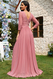 Dusty Rose A-Line V-neck mangas longas Chiffon longo vestido formal