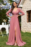 Dusty Rose A-Line V-neck mangas longas Chiffon longo vestido formal