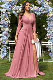 Dusty Rose A-Line V-neck mangas longas Chiffon longo vestido formal