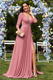 Dusty Rose A-Line V-neck mangas longas Chiffon longo vestido formal