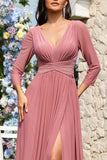 Dusty Rose A-Line V-neck mangas longas Chiffon longo vestido formal