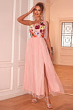 Blush Floral Um Ombro A-Line Tulle Chá Comprimento Vestido Formal