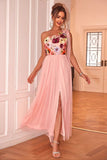 Blush Floral Um Ombro A-Line Tulle Chá Comprimento Vestido Formal