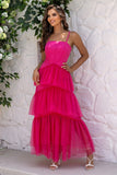 Fuchsia Esparguete Alças A-Line Tule Tiered Long Corset Vestido Formal