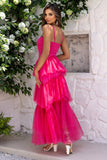 Fuchsia Esparguete Alças A-Line Tule Tiered Long Corset Vestido Formal