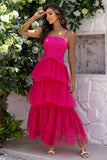 Fuchsia Esparguete Alças A-Line Tule Tiered Long Corset Vestido Formal