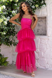 Fuchsia Esparguete Alças A-Line Tule Tiered Long Corset Vestido Formal