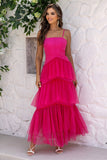 Fuchsia Esparguete Alças A-Line Tule Tiered Long Corset Vestido Formal