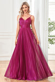 Sparkly Fuchsia A-Line Espaghetti Correias plissado longo vestido formal