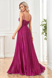 Sparkly Fuchsia A-Line Espaghetti Correias plissado longo vestido formal