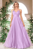 Sparkly Fuchsia A-Line Espaghetti Correias plissado longo vestido formal