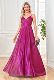 Sparkly Fuchsia A-Line Espaghetti Correias plissado longo vestido formal