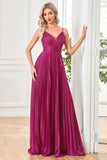 Sparkly Fuchsia A-Line Espaghetti Correias plissado longo vestido formal