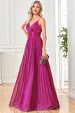 Sparkly Fuchsia A-Line Espaghetti Correias plissado longo vestido formal