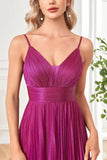 Sparkly Fuchsia A-Line Espaghetti Correias plissado longo vestido formal