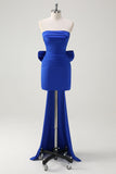 Royal Blue Strapless vestido curto baile de formatura com grande arco fluindo trem