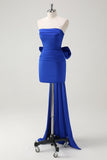 Royal Blue Strapless vestido curto baile de formatura com grande arco fluindo trem