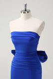 Royal Blue Strapless vestido curto baile de formatura com grande arco fluindo trem