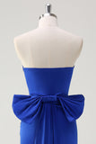 Royal Blue Strapless vestido curto baile de formatura com grande arco fluindo trem