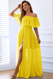 Amarelo A-Line fora do ombro babado vestido formal longo com fenda