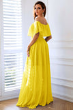 Amarelo A-Line fora do ombro babado vestido formal longo com fenda