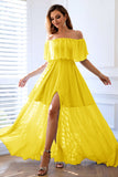 Amarelo A-Line fora do ombro babado vestido formal longo com fenda