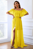 Amarelo A-Line fora do ombro babado vestido formal longo com fenda