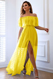 Amarelo A-Line fora do ombro babado vestido formal longo com fenda