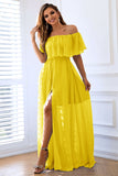 Amarelo A-Line fora do ombro babado vestido formal longo com fenda