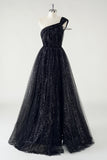 Sparkly Preto Tule A-Line Um Ombro Lantejoulas Long Prom Dress com Fenda