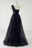 Sparkly Preto Tule A-Line Um Ombro Lantejoulas Long Prom Dress com Fenda