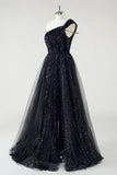 Sparkly Preto Tule A-Line Um Ombro Lantejoulas Long Prom Dress com Fenda