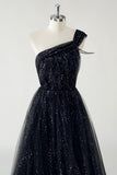 Sparkly Preto Tule A-Line Um Ombro Lantejoulas Long Prom Dress com Fenda