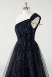 Sparkly Preto Tule A-Line Um Ombro Lantejoulas Long Prom Dress com Fenda