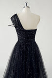 Sparkly Preto Tule A-Line Um Ombro Lantejoulas Long Prom Dress com Fenda