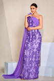 Sparkly roxo um ombro sereia Sequins longo vestido de baile com cabo