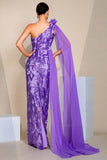 Sparkly roxo um ombro sereia Sequins longo vestido de baile com cabo