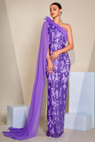 Sparkly roxo um ombro sereia Sequins longo vestido de baile com cabo