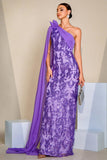 Sparkly roxo um ombro sereia Sequins longo vestido de baile com cabo