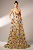 Brilhante Floral Damasco A-Line Long Prom Dress