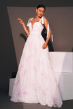 Branco A-Line Floral Long Prom Dress