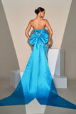 Sereia Pavão Azul Lantejoulas Strapless Long Prom Dress com Bow Streamer