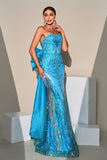 Sereia Pavão Azul Lantejoulas Strapless Long Prom Dress com Bow Streamer