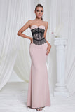 Sereia Rosa Strapless Renda Long Prom Dress